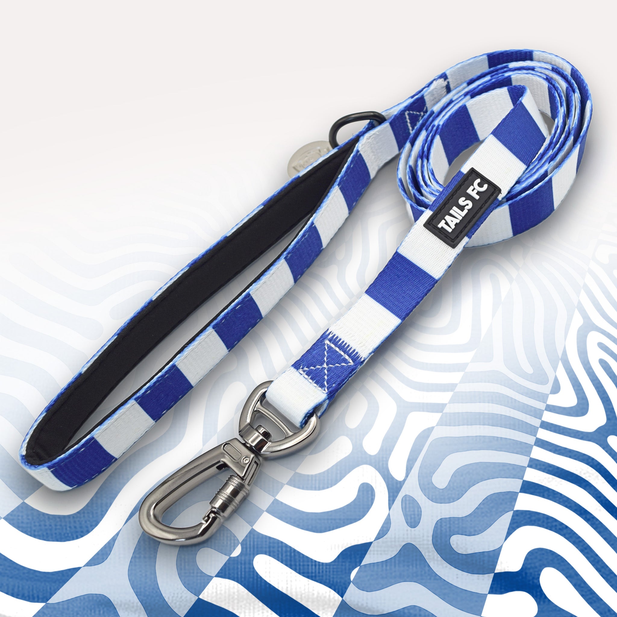 QPR Blue and white stripe dog lead with 'TAILS FC' logo