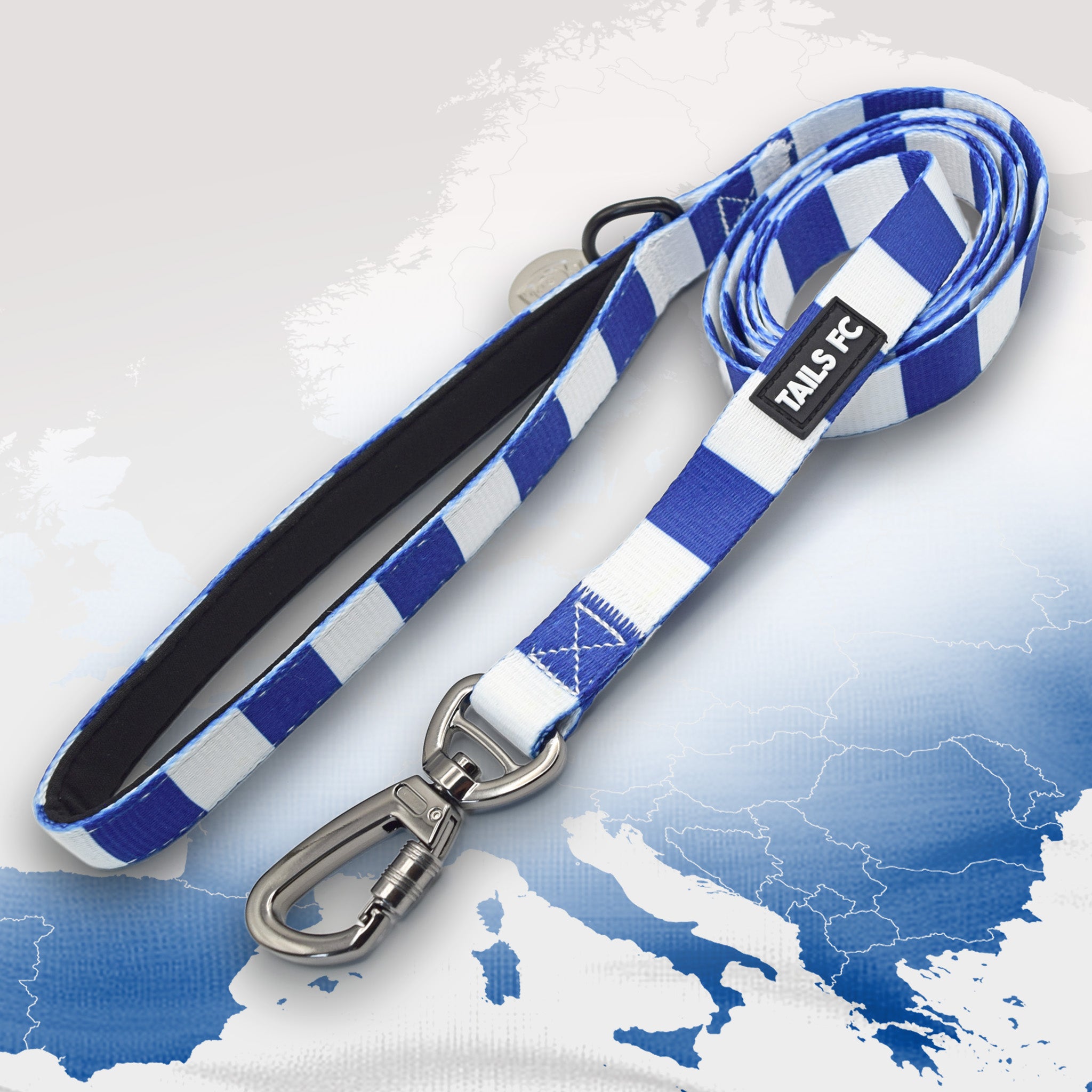 Real Madrid Blue and white stripe dog lead with 'TAILS FC' logo