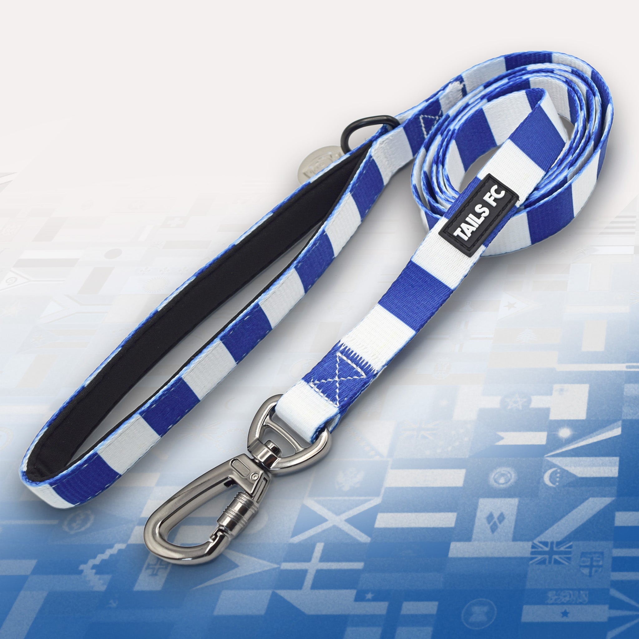 Scotland Blue and white stripe dog lead with 'TAILS FC' logo