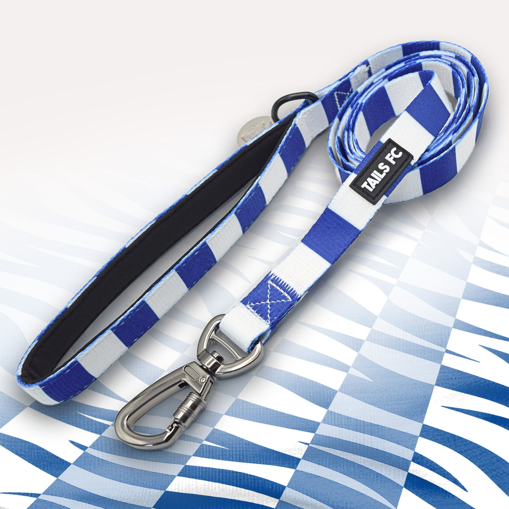 West Brom Blue and white stripe dog lead with 'TAILS FC' logo