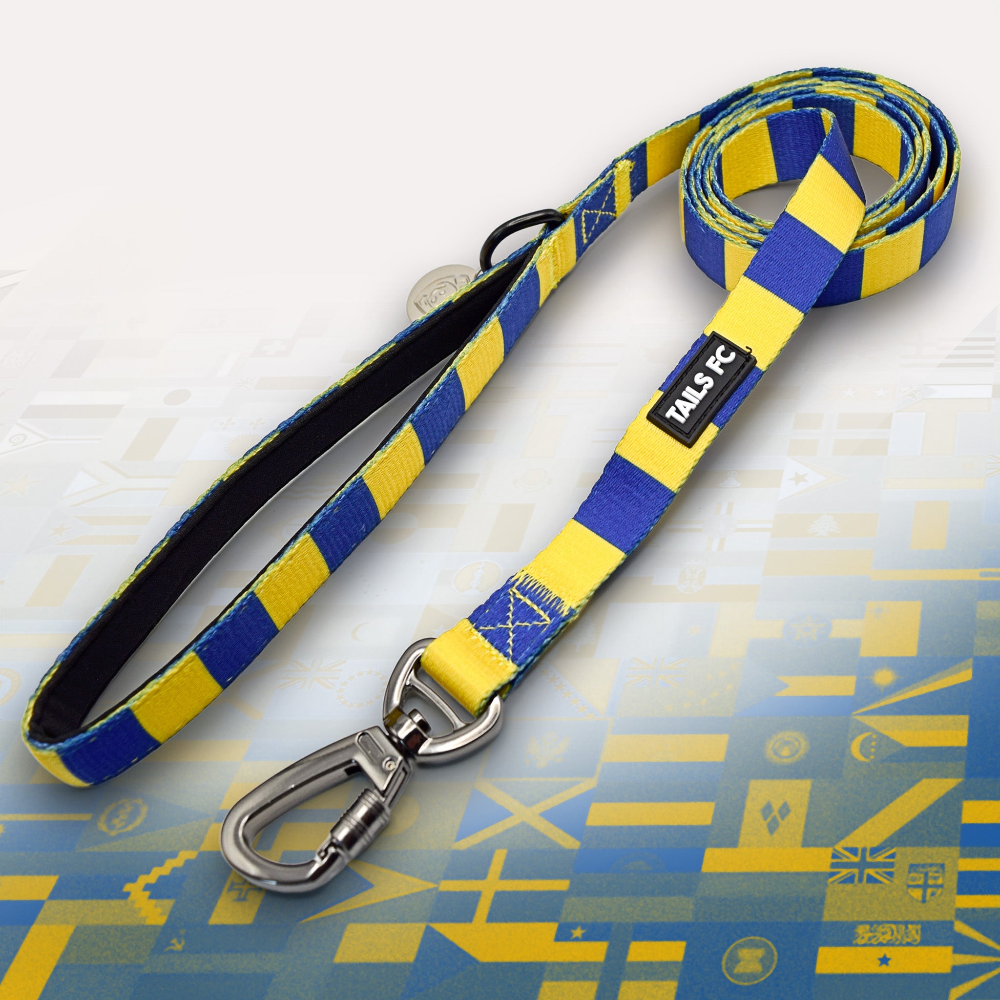 Ukraine Blue and yellow stripe dog lead with 'TAILS FC' logo
