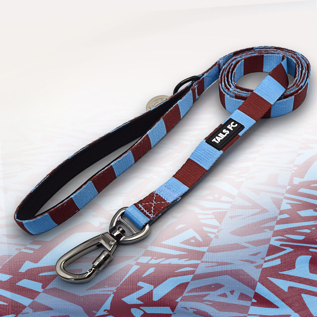 Burnley Claret and blue stripe dog lead with 'TAILS FC' logo