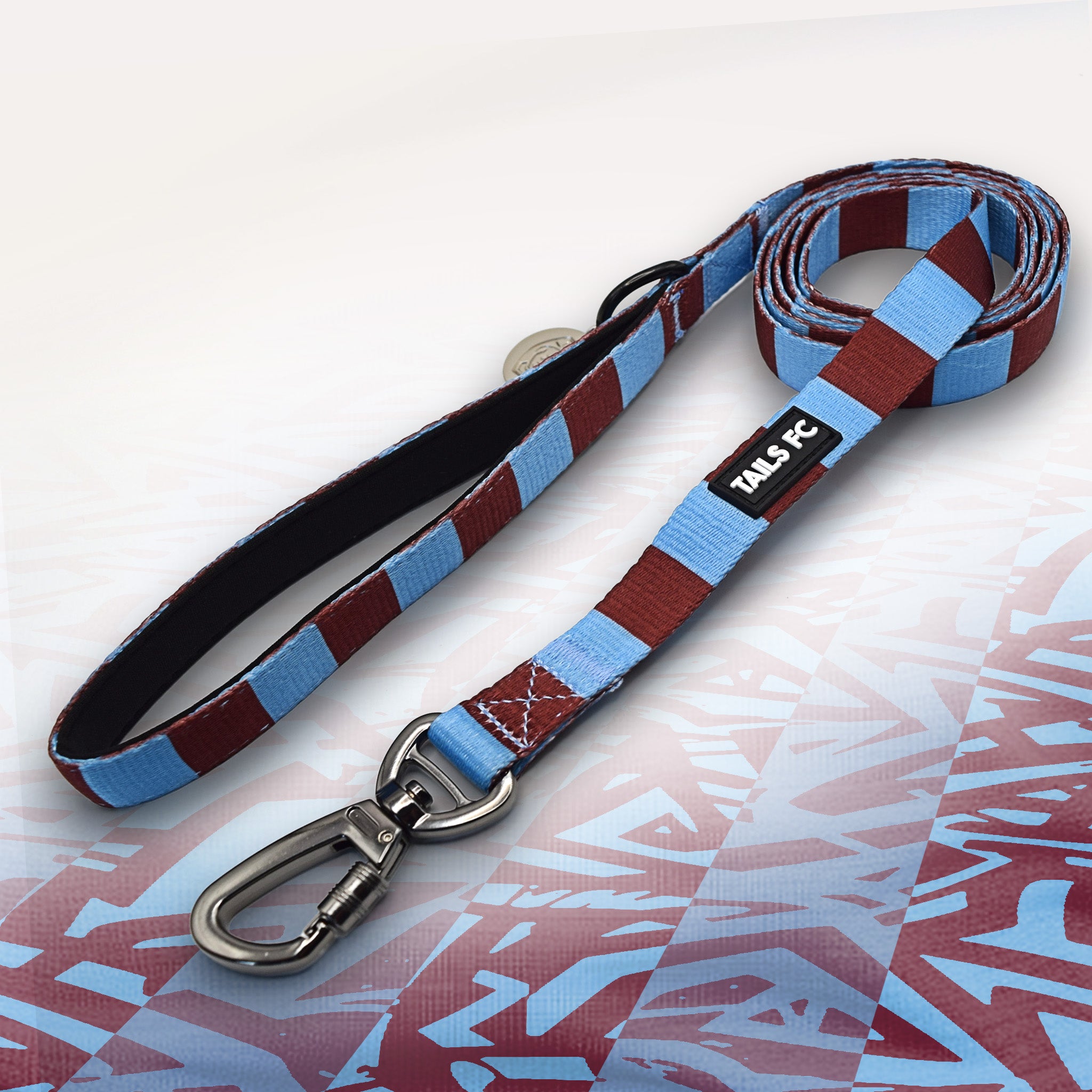 Burnley Claret and blue stripe dog lead with 'TAILS FC' logo