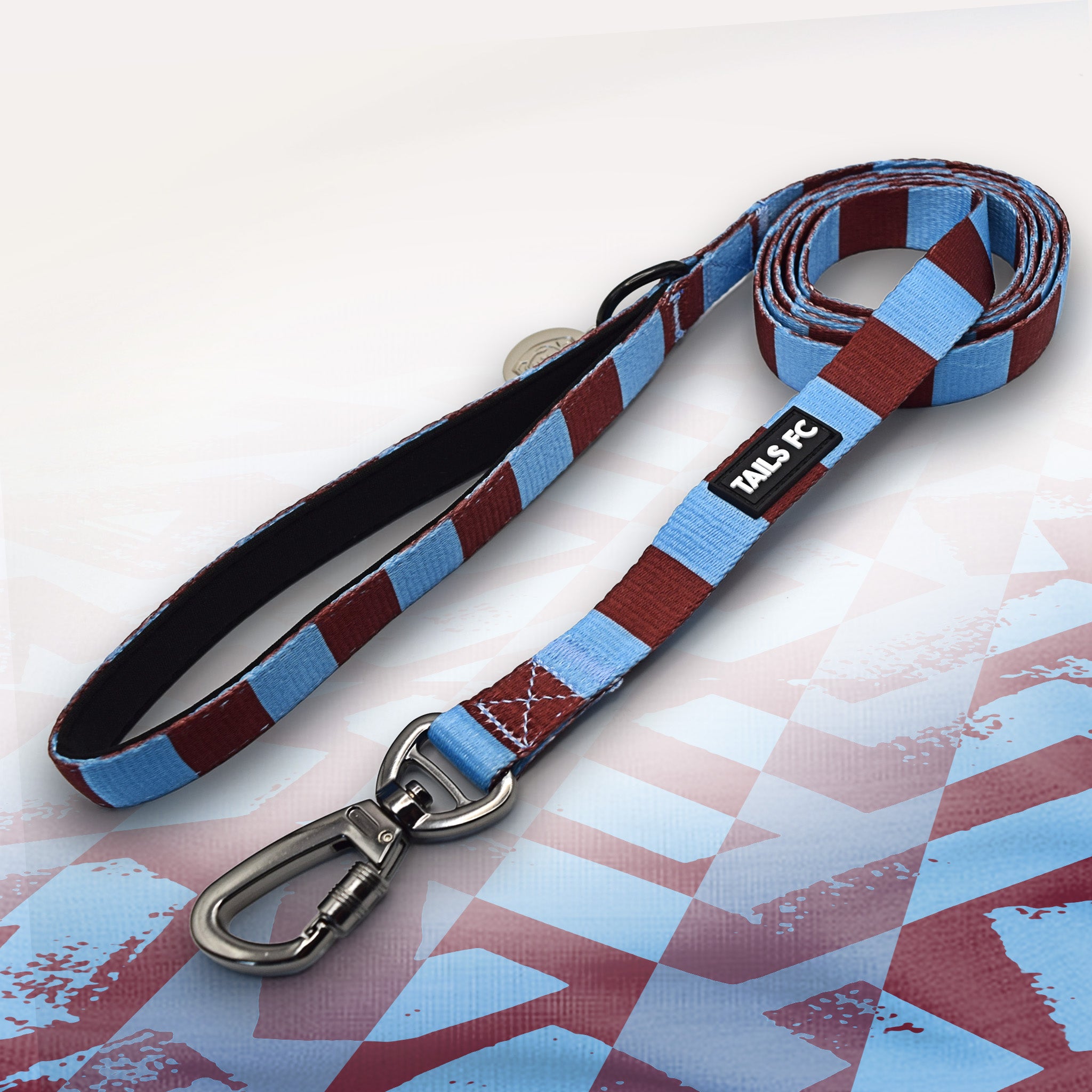 West Ham Claret and blue stripe dog lead with 'TAILS FC' logo