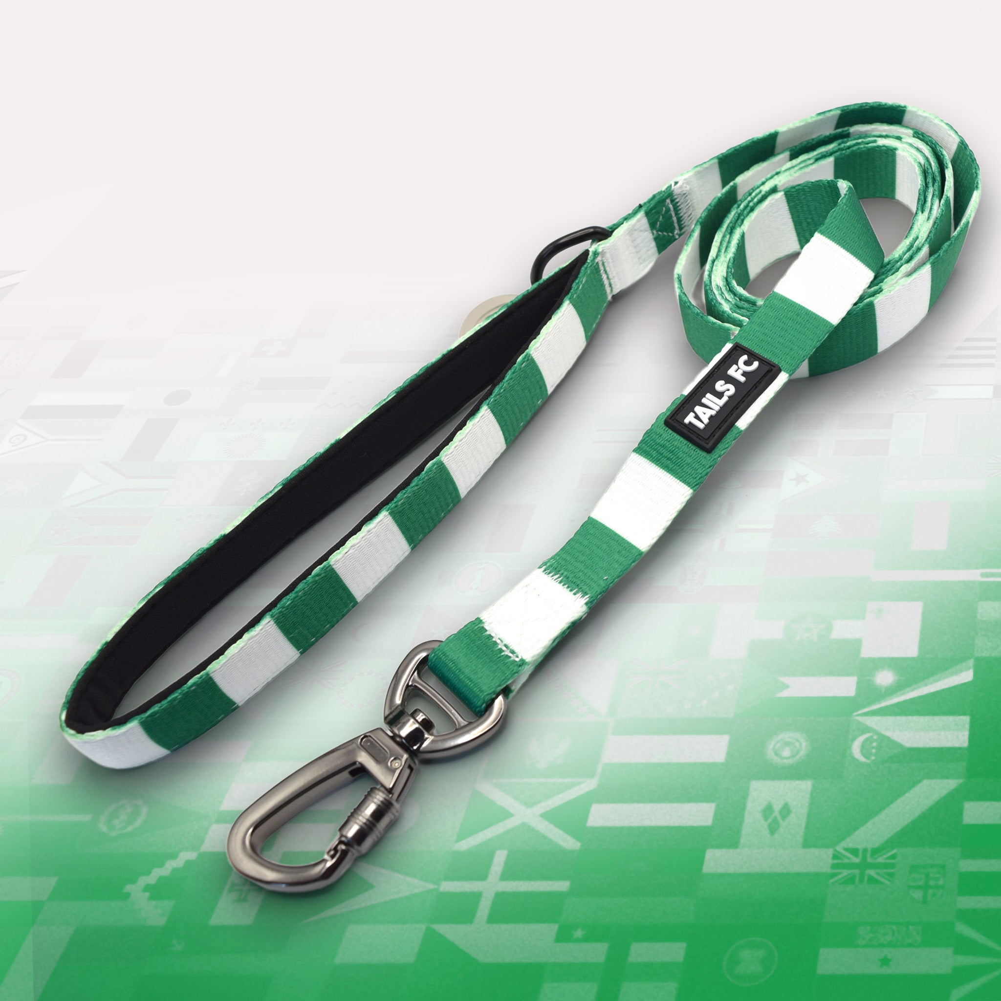 Northern Ireland Green and white stripe dog lead with 'TAILS FC' logo