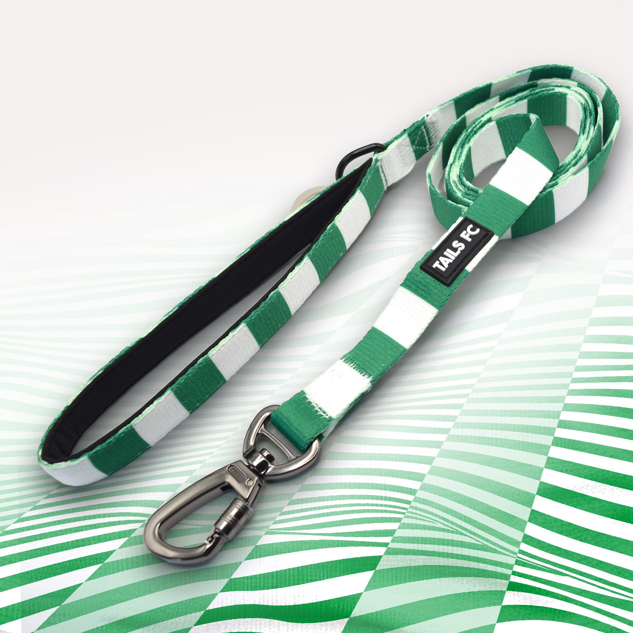 Green and white stripe dog lead with 'TAILS FC' logo