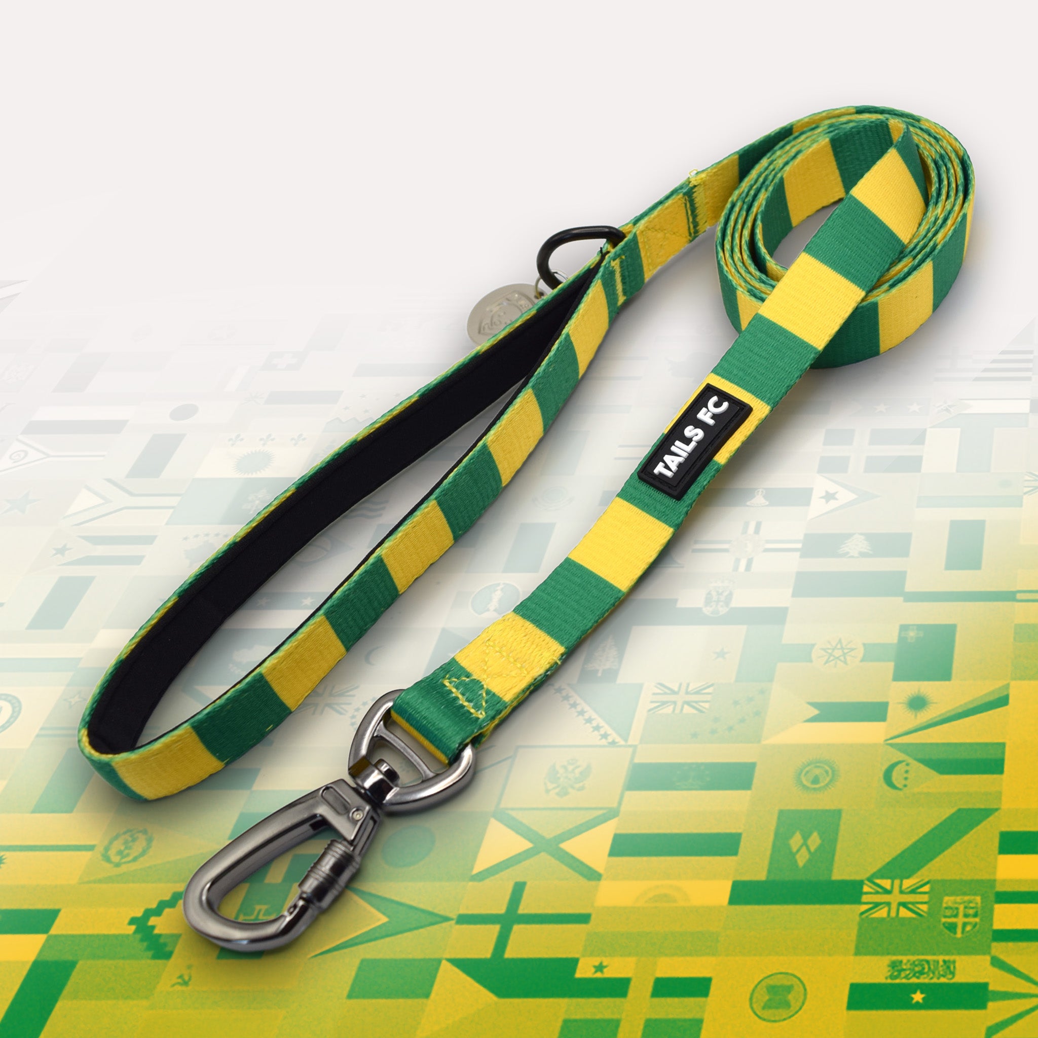 Brazil Yellow and green stripe dog lead with 'TAILS FC' logo