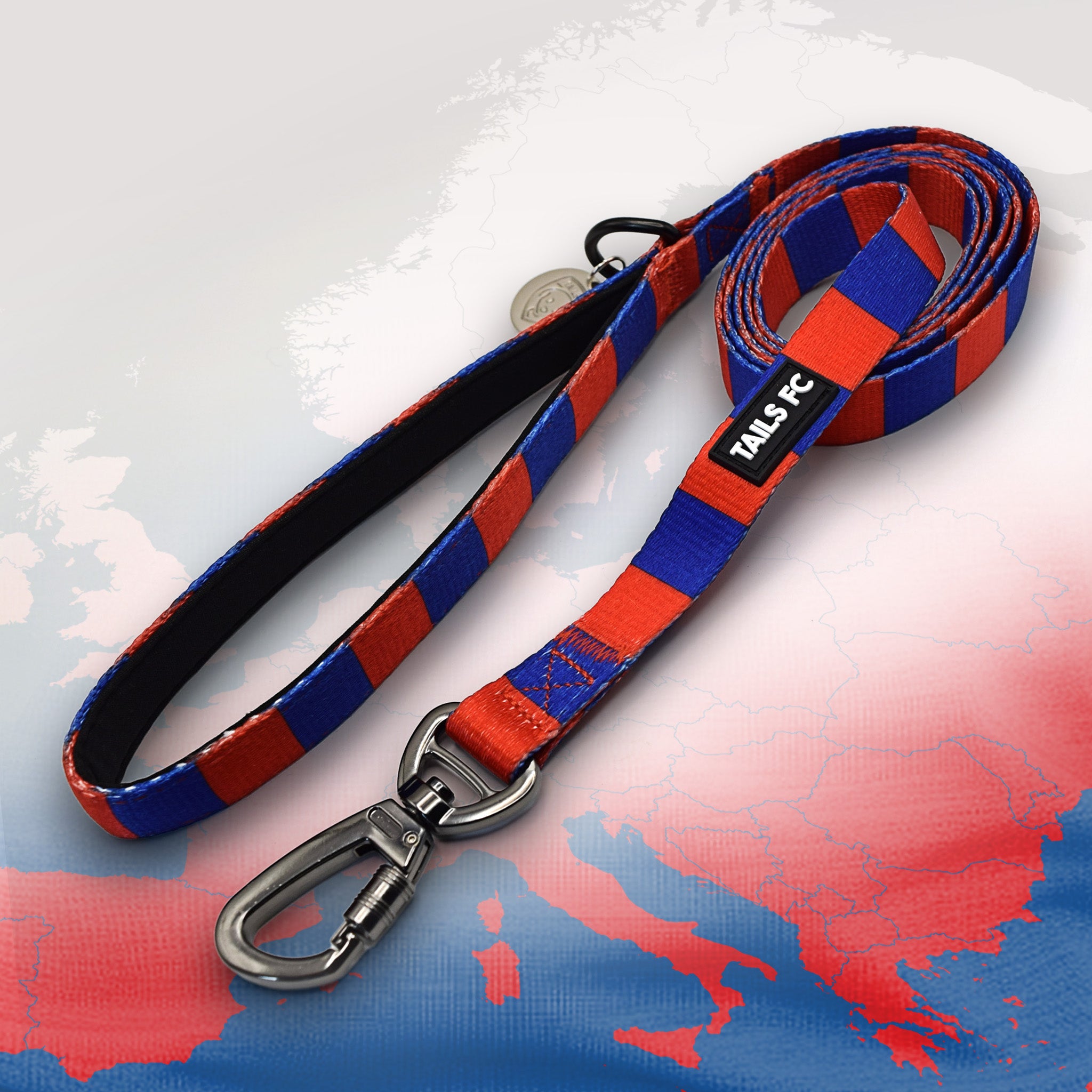 Barcelona Red and blue stripe dog lead with 'TAILS FC' logo