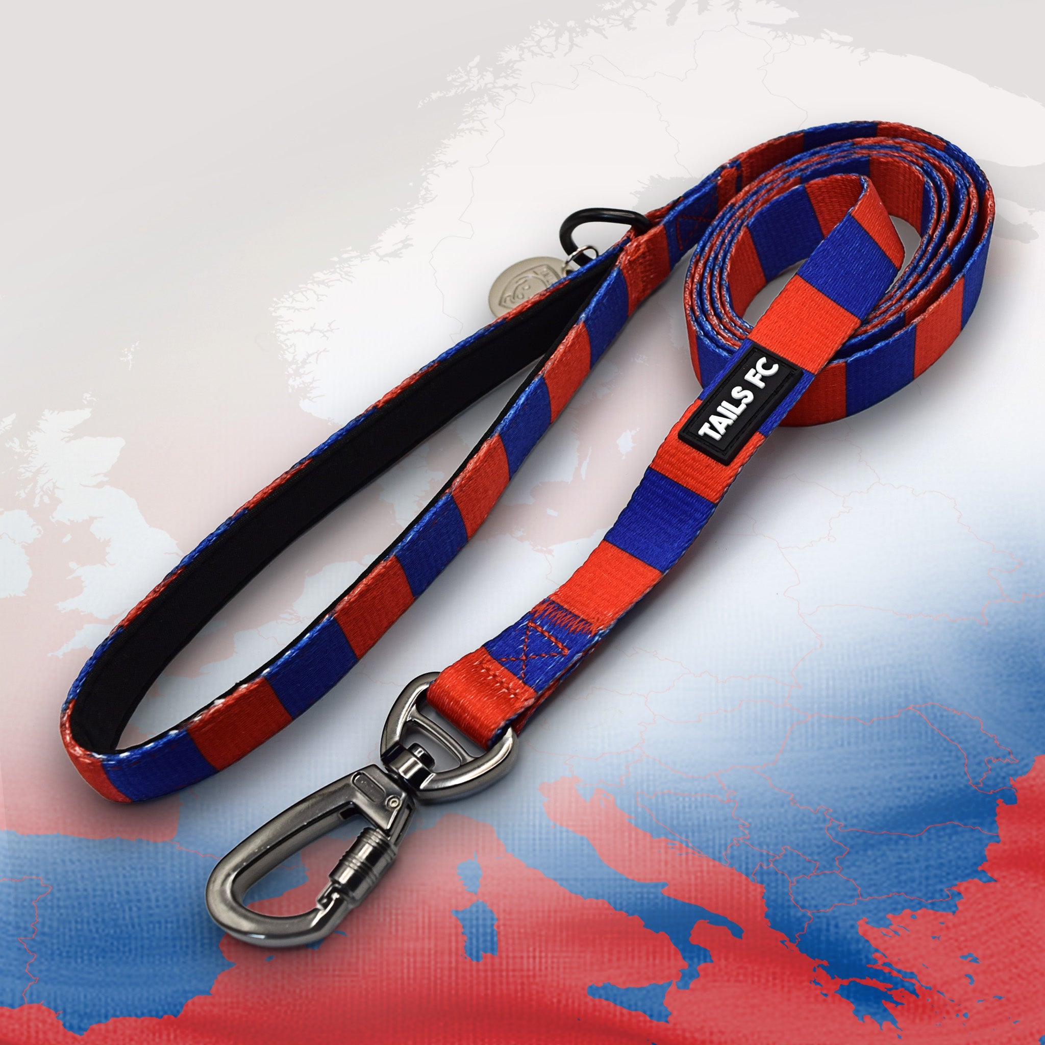 PSG Red and blue stripe dog lead with 'TAILS FC' logo