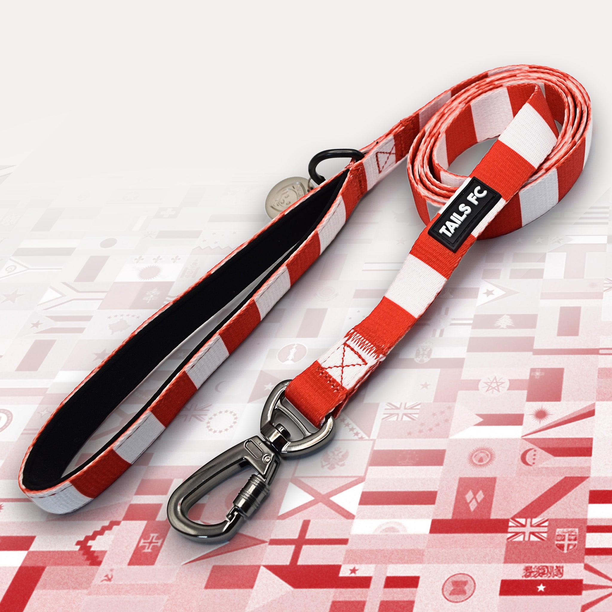 England Red and white stripe dog lead with 'TAILS FC' logo
