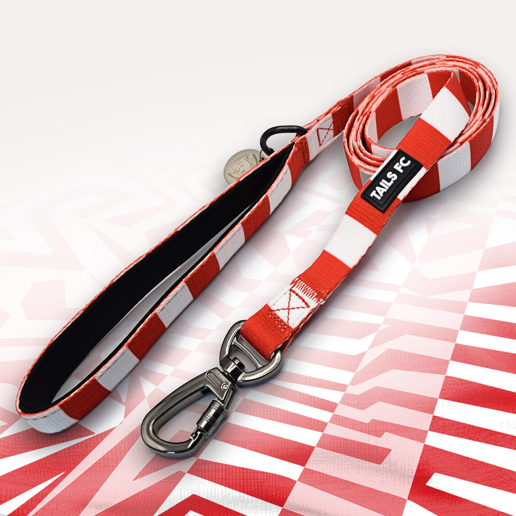 Hearts Red and white stripe dog lead with 'TAILS FC' logo