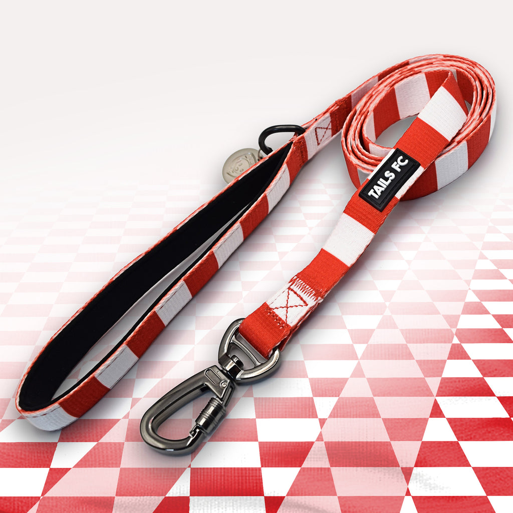 Middlesbrough Red and white stripe dog lead with 'TAILS FC' logo