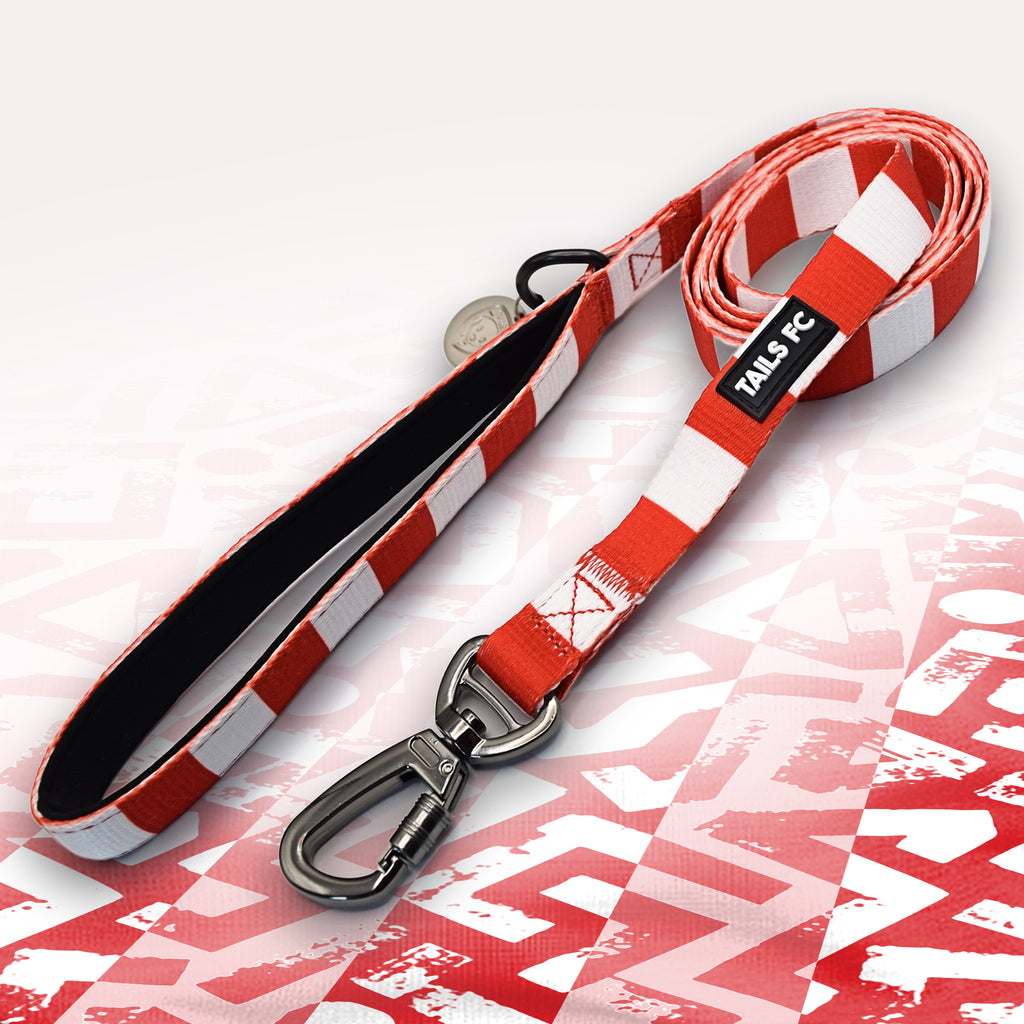 Stoke Red and white stripe dog lead with 'TAILS FC' logo