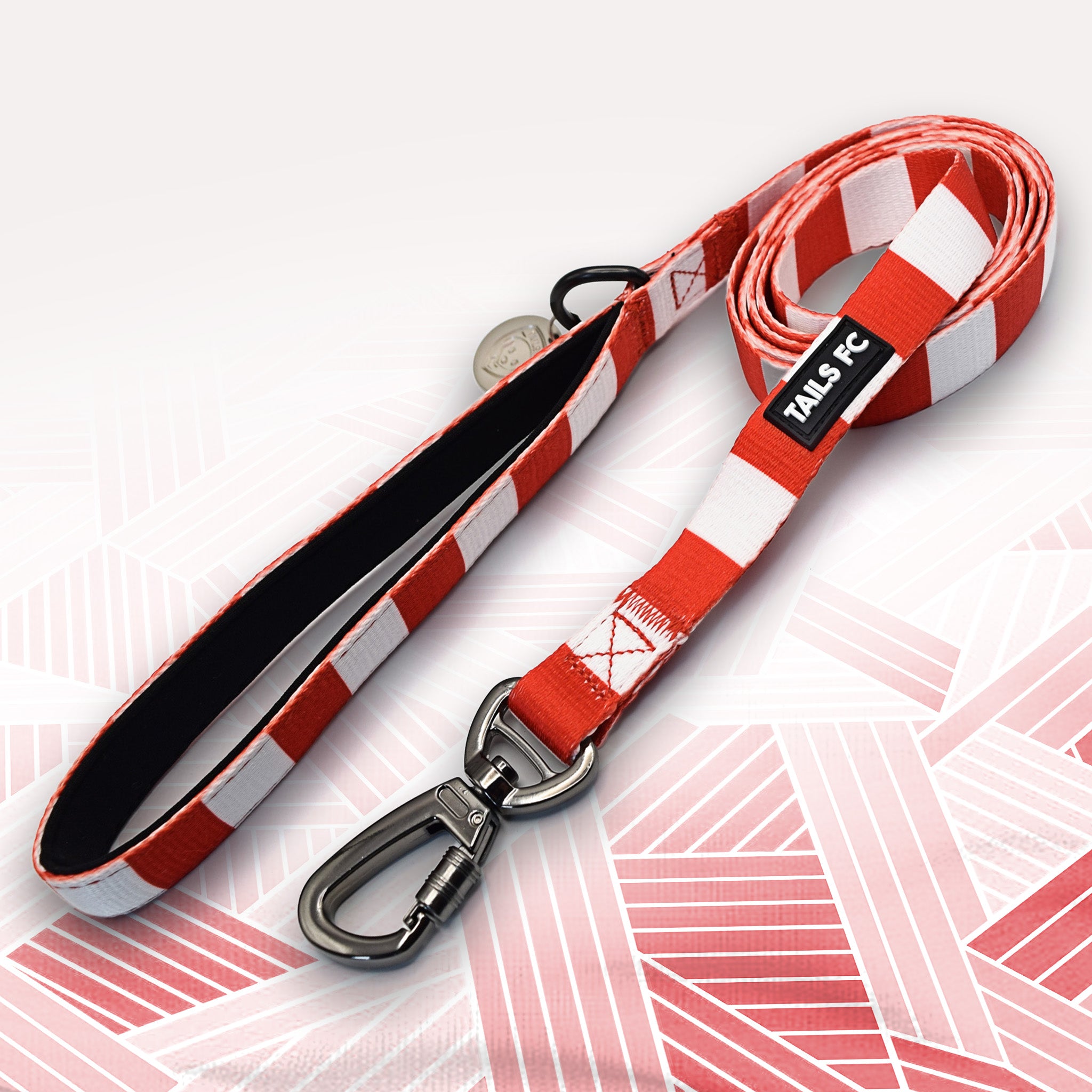 Red and white stripe dog lead with 'TAILS FC' logo