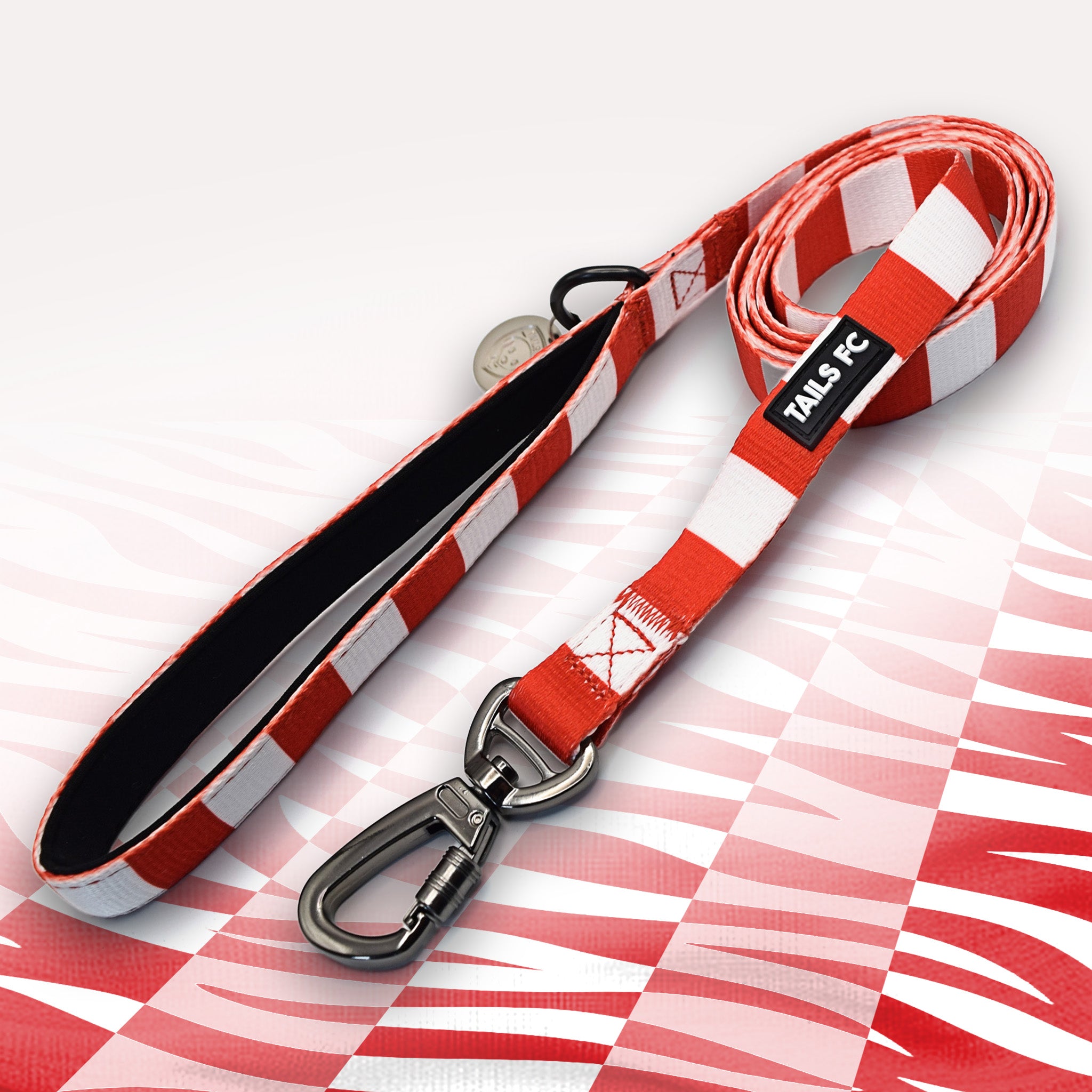 Wrexham Red and white stripe dog lead with 'TAILS FC' logo
