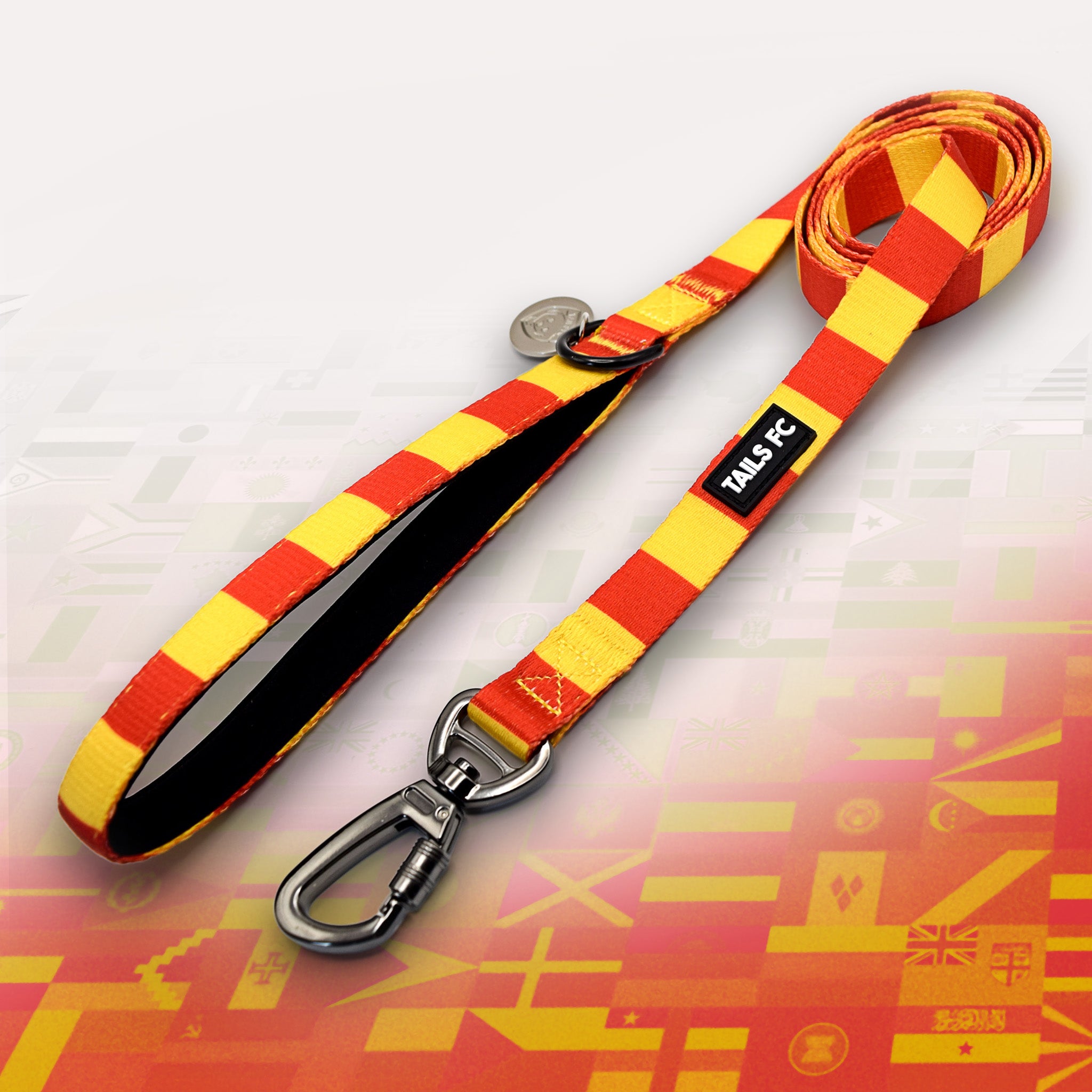 Spain Red and yellow stripe dog lead with 'TAILS FC' logo