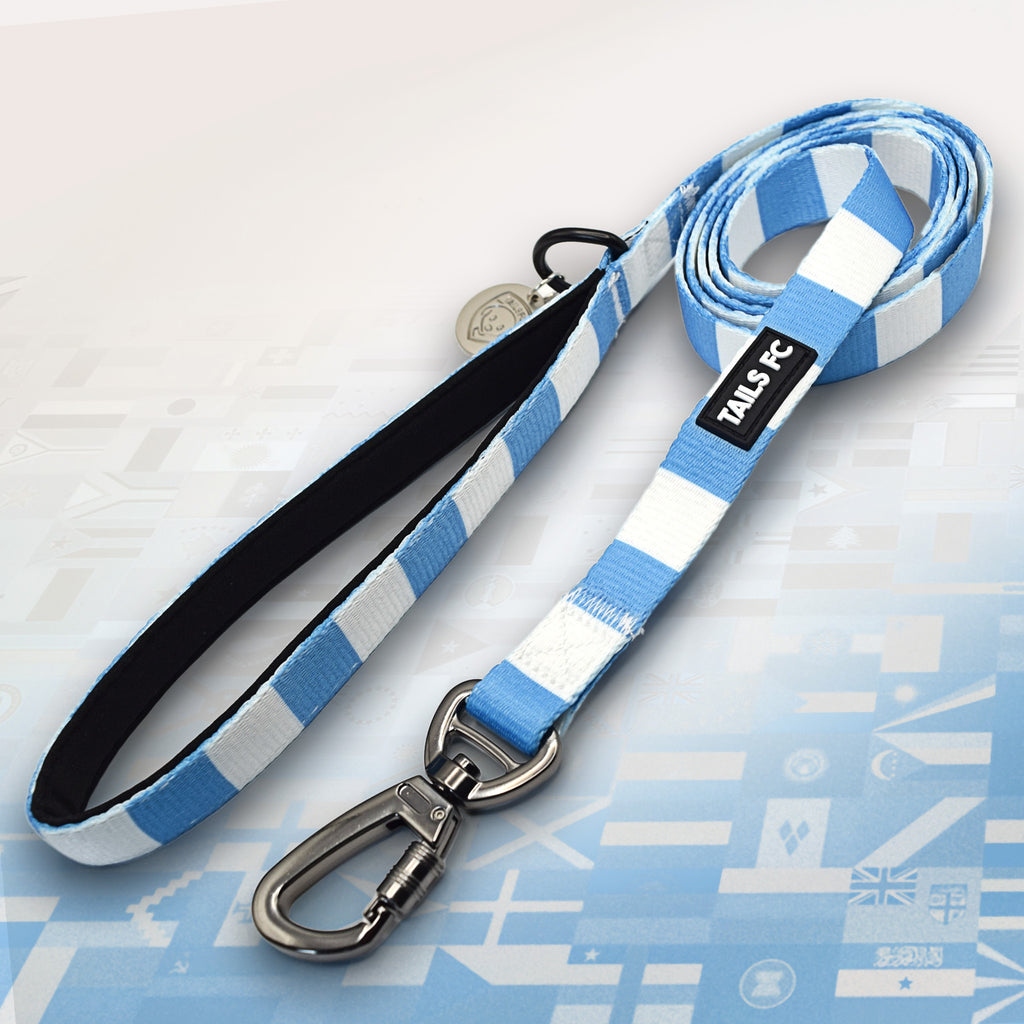 Argentina Sky blue and white stripe dog lead with 'TAILS FC' logo