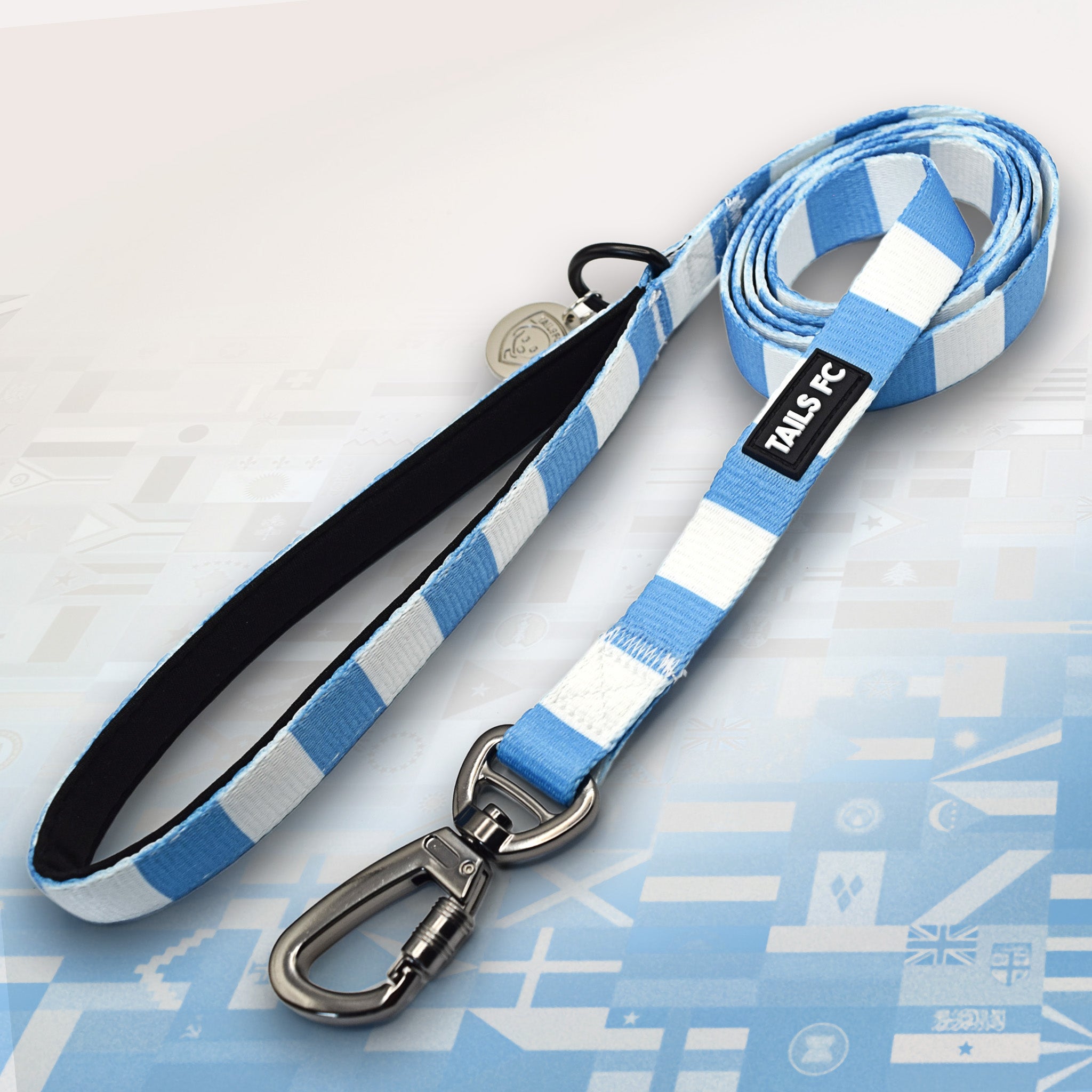 Argentina Sky blue and white stripe dog lead with 'TAILS FC' logo