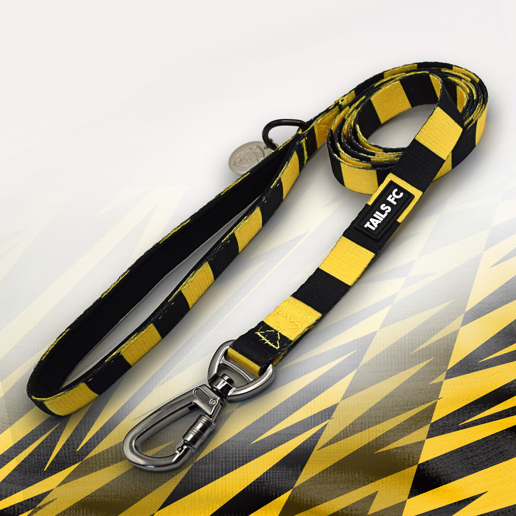 Livingston Yellow and black stripe dog lead with 'TAILS FC' logo