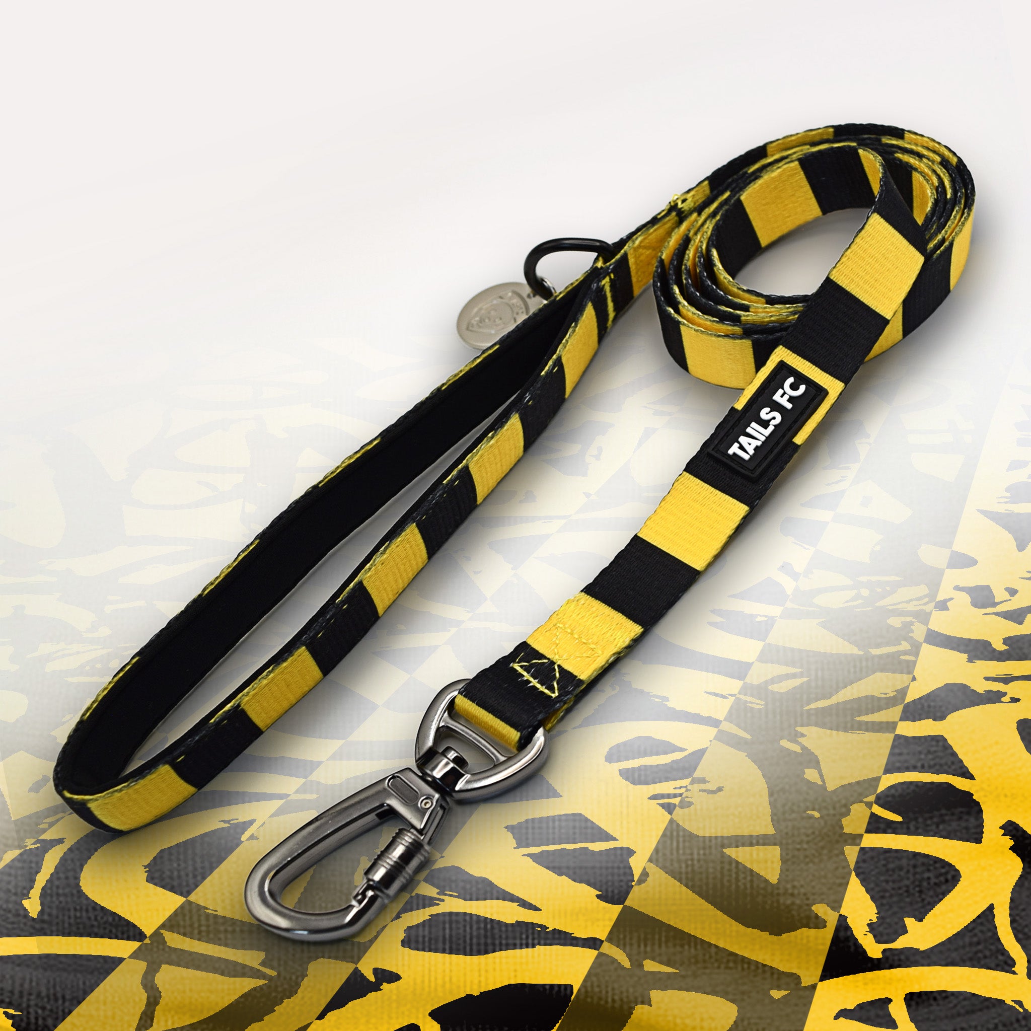 Watford Yellow and black stripe dog lead with 'TAILS FC' logo