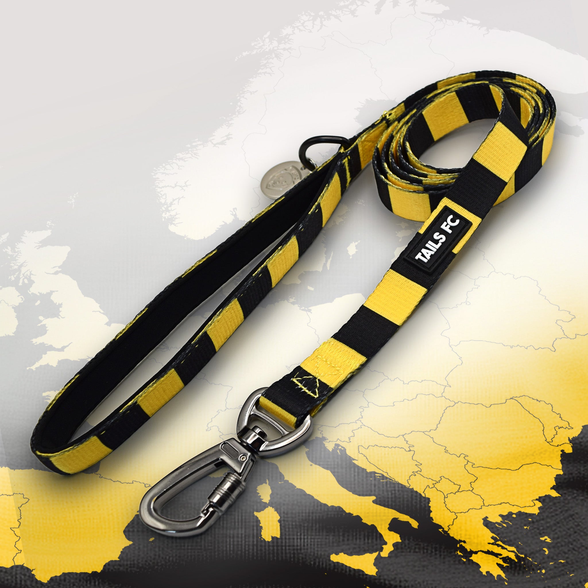 Borussia Dortmund Yellow and black stripe dog lead with 'TAILS FC' logo