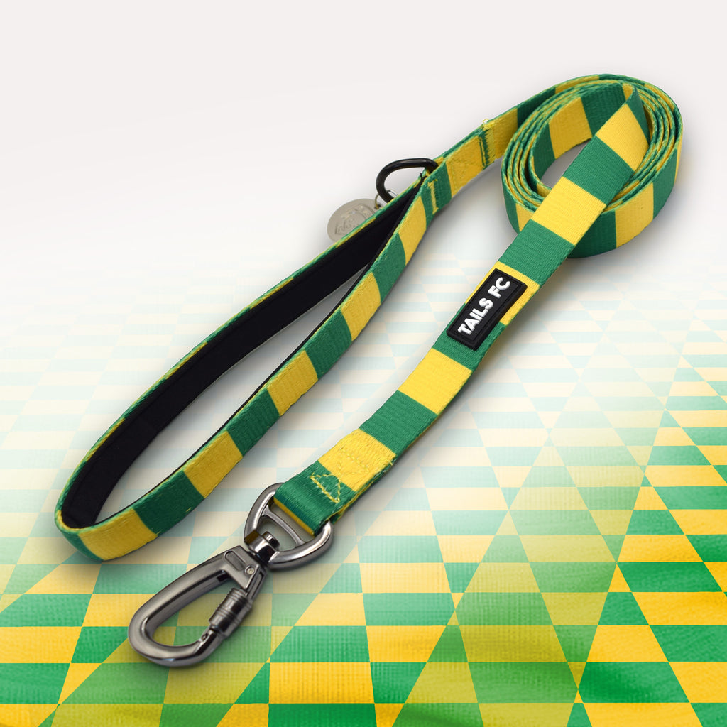 Norwich Yellow and green stripe dog lead with 'TAILS FC' logo