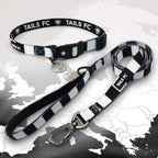 Juventus black and white striped pet collar and leash set with 'TAILS FC' branding.