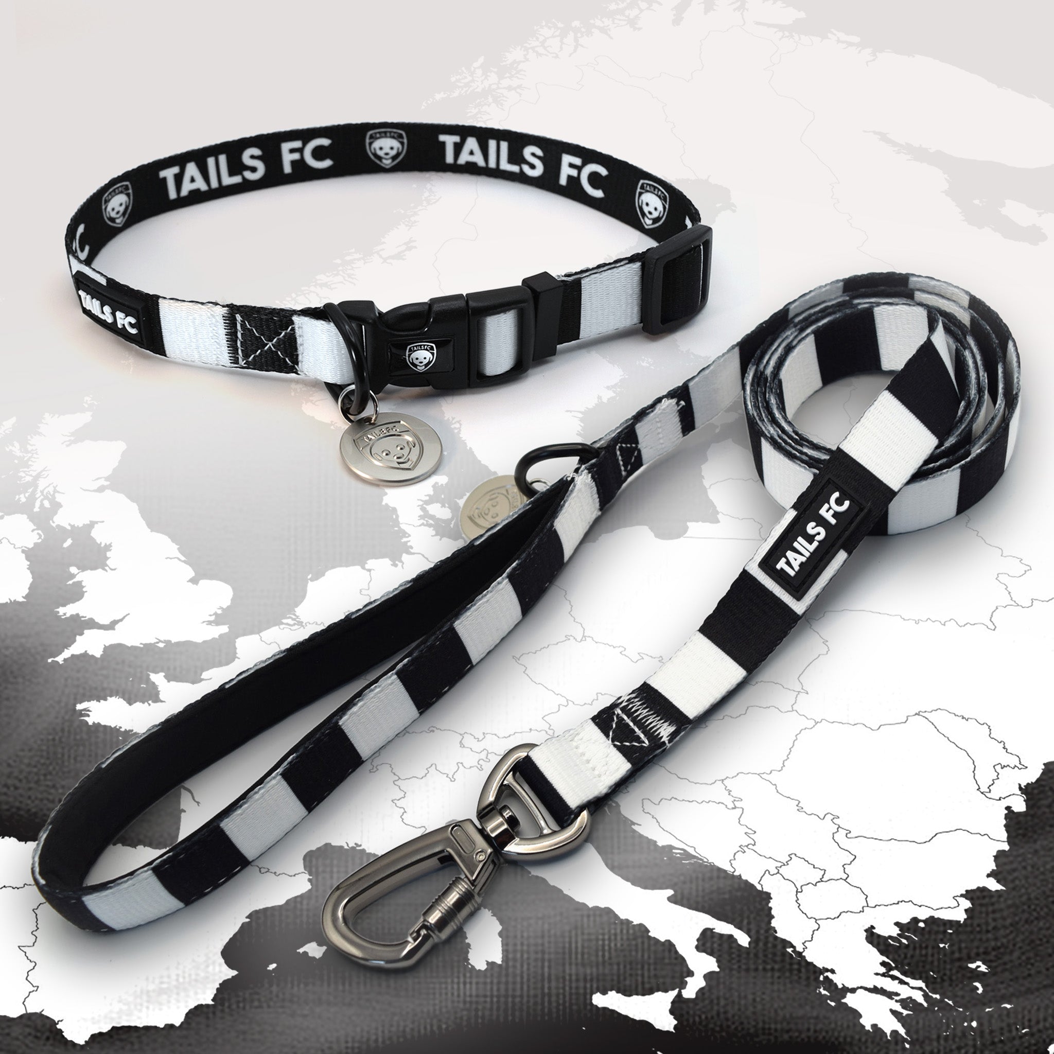 Juventus black and white striped pet collar and leash set with 'TAILS FC' branding.