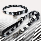 St Mirren black and white striped pet collar and leash set with 'TAILS FC' branding.