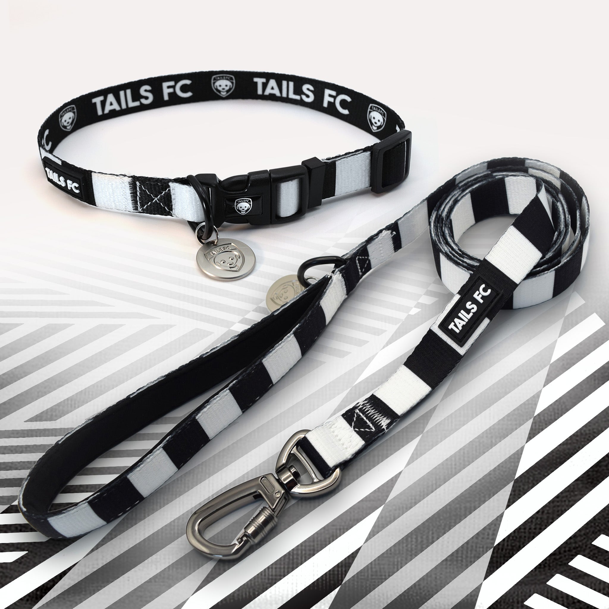 St Mirren black and white striped pet collar and leash set with 'TAILS FC' branding.