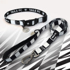Swansea black and white striped pet collar and leash set with 'TAILS FC' branding.