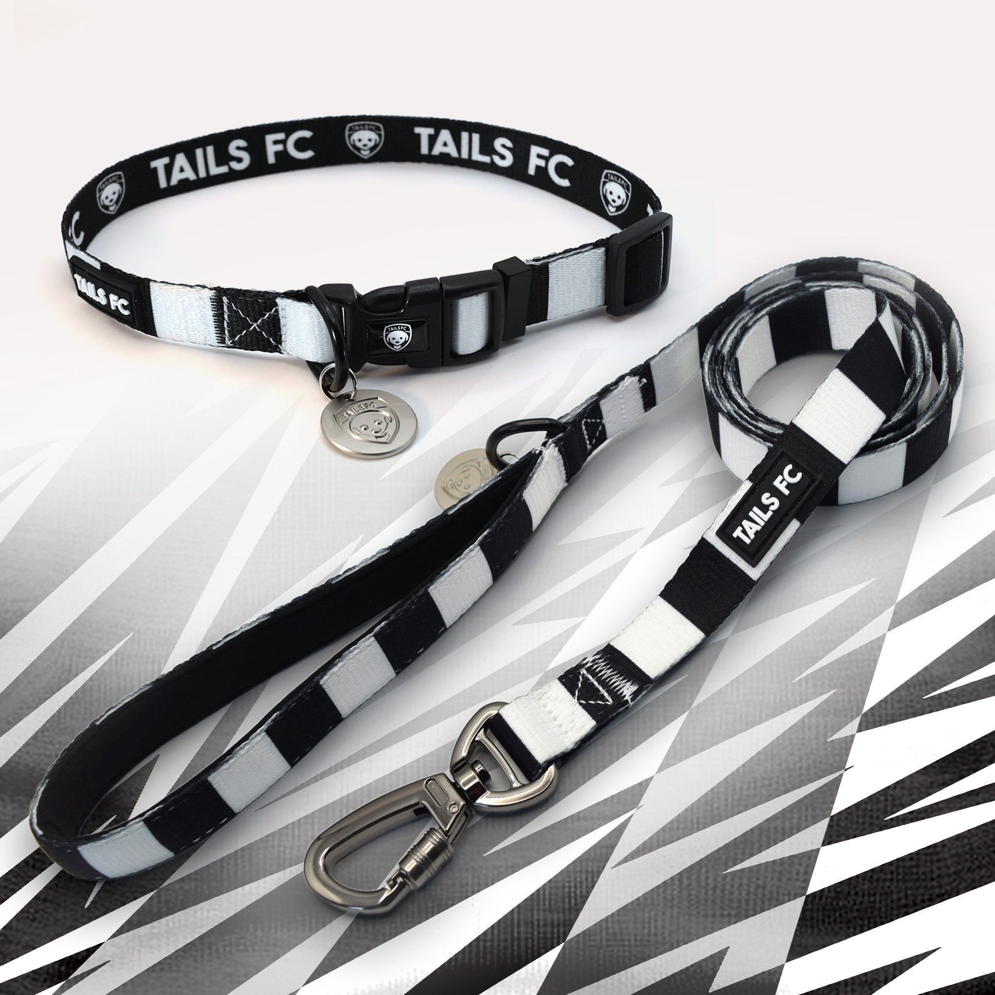 Swansea black and white striped pet collar and leash set with 'TAILS FC' branding.