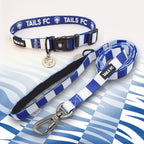 Blackburn blue and white striped pet collar and leash set with 'TAILS FC' branding.