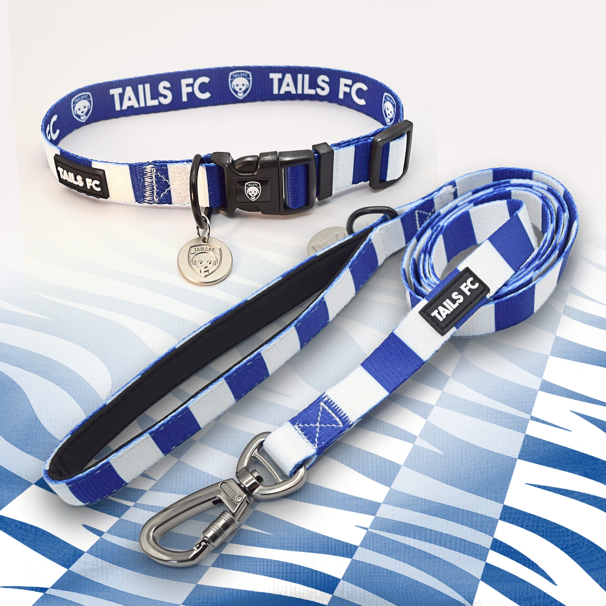 Blackburn blue and white striped pet collar and leash set with 'TAILS FC' branding.