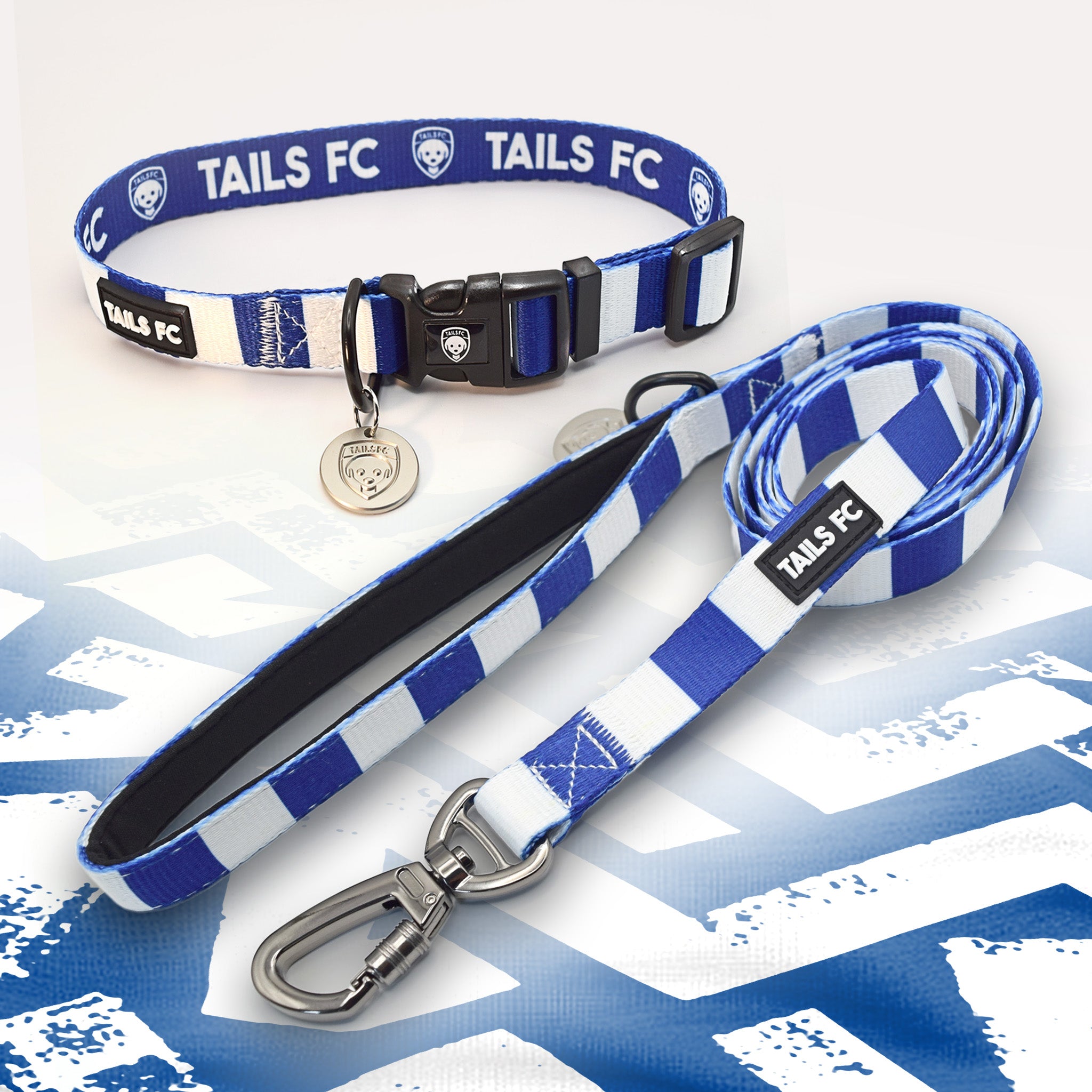 Chelsea blue and white dog collar and leash.