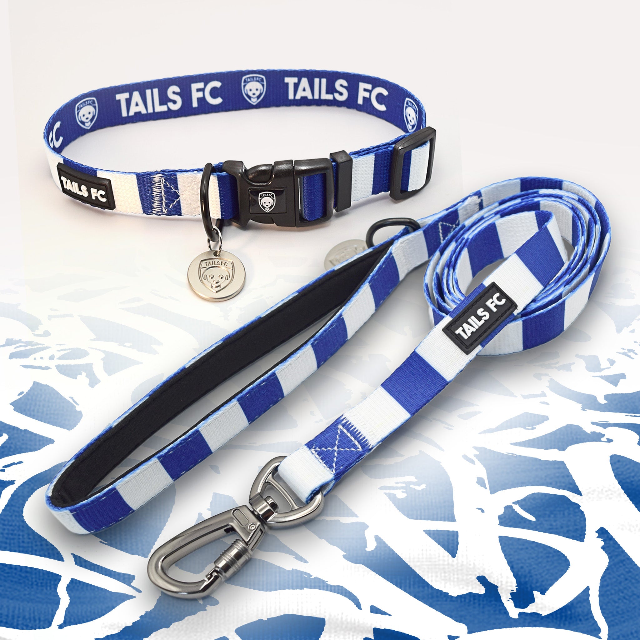 Ipswich dog collar and lead set in Blue and White Stripes.