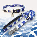 Kilmarnock blue and white striped pet collar and leash set with 'TAILS FC' branding.