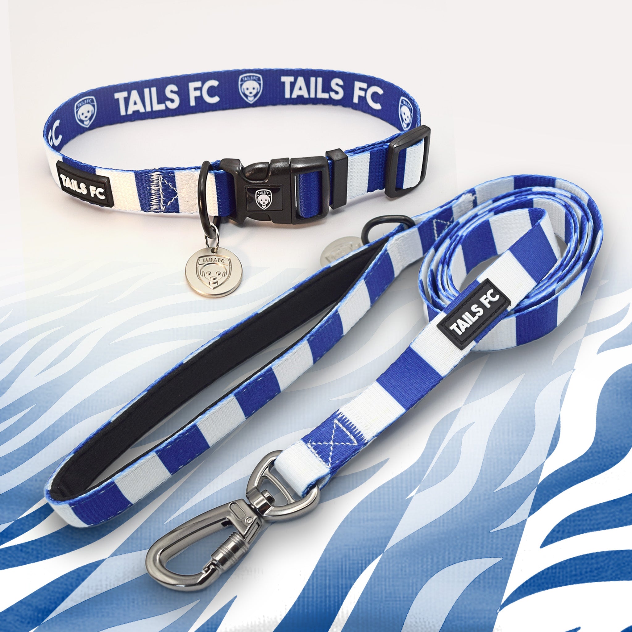 Leicester blue and white striped pet collar and leash set with 'TAILS FC' branding.