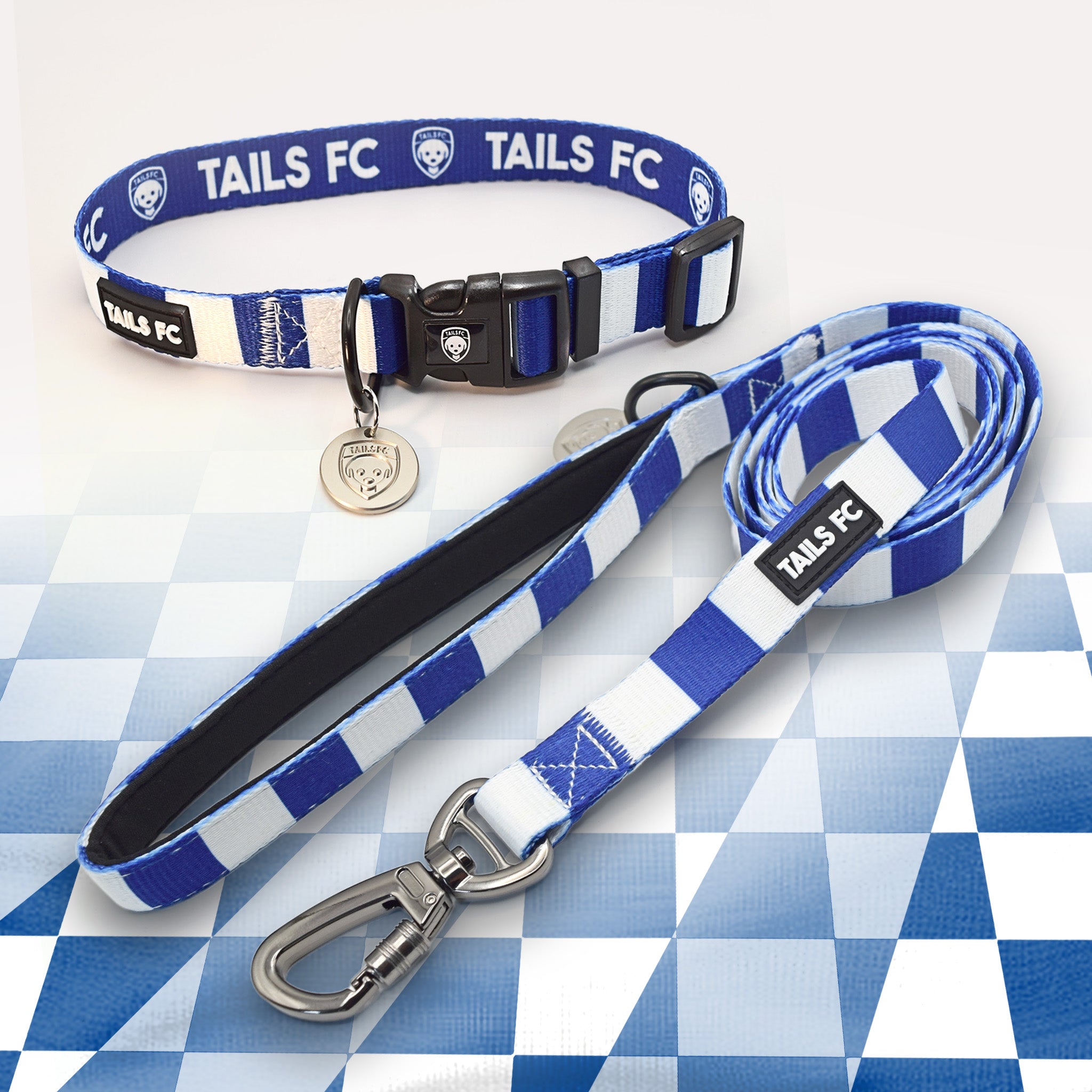 Portsmouth blue and white striped pet collar and leash set with 'TAILS FC' branding.