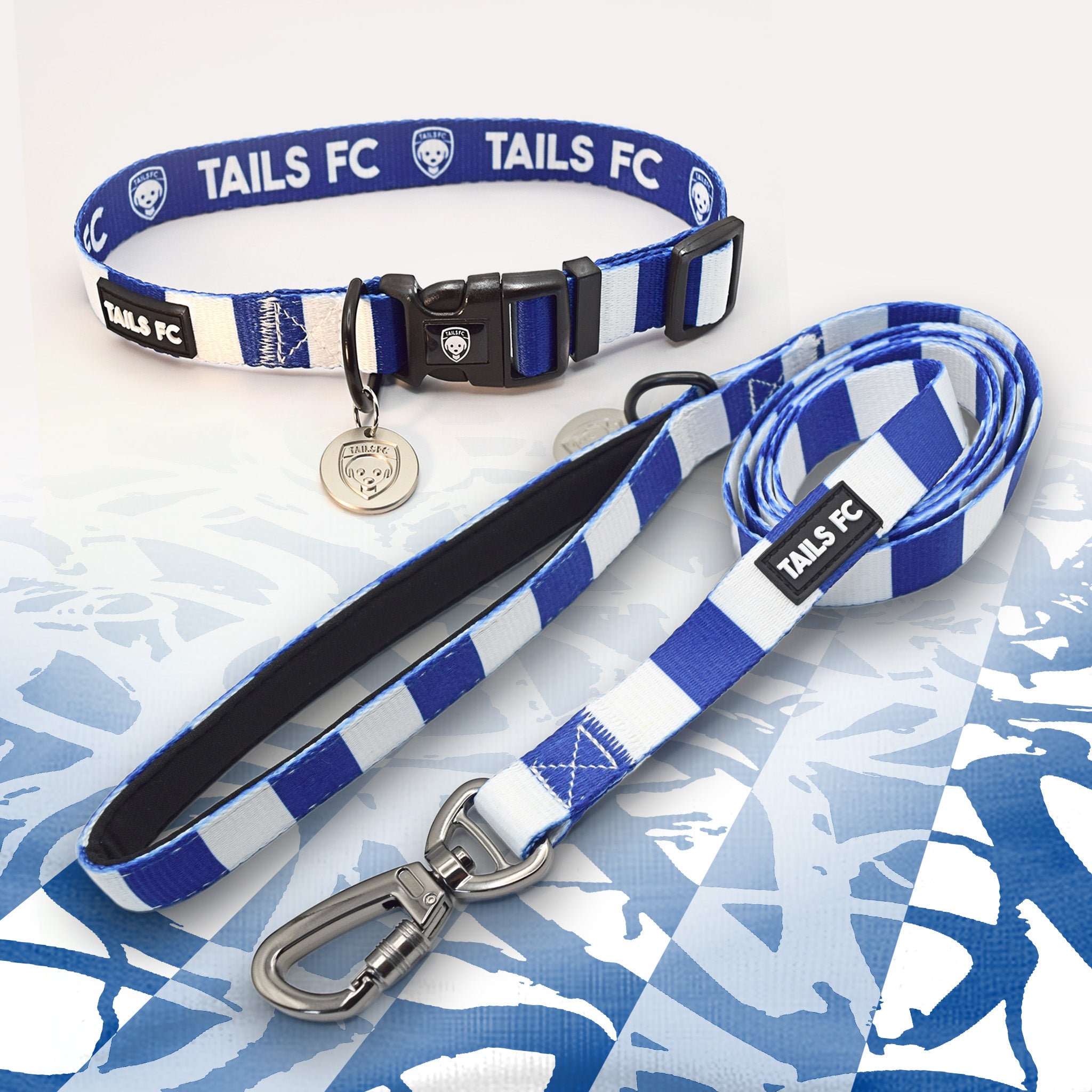 Preston North End blue and white striped pet collar and leash set with 'TAILS FC' branding.