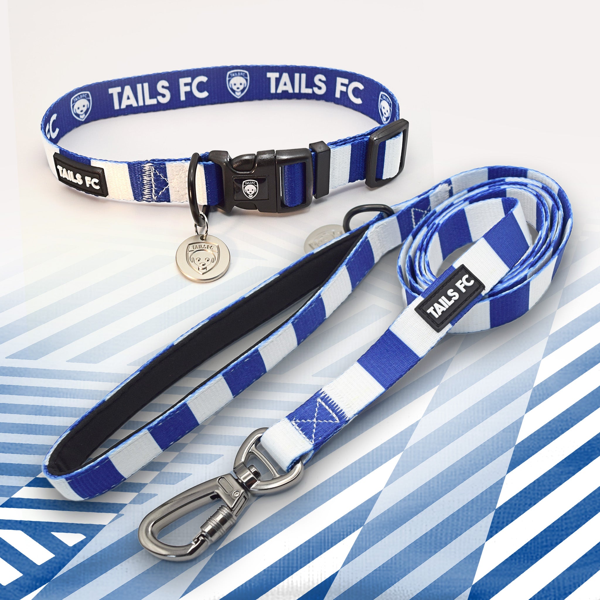 QPR blue and white striped pet collar and leash set with 'TAILS FC' branding.