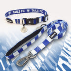 Rangers blue and white striped pet collar and leash set with 'TAILS FC' branding.