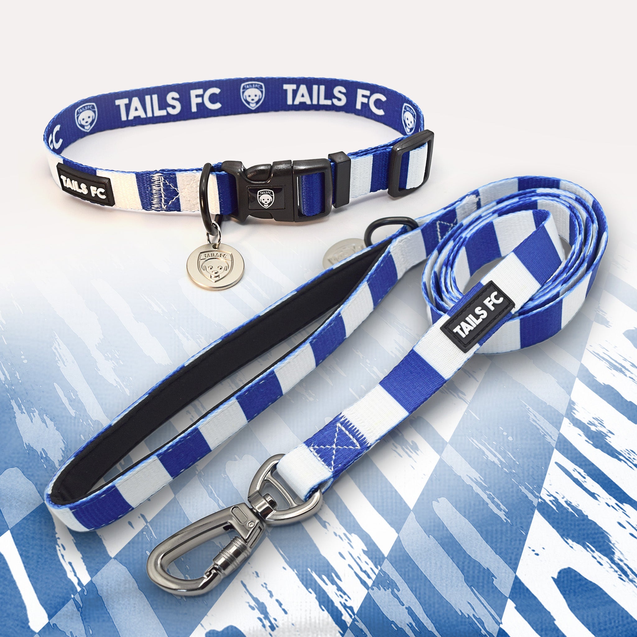 Rangers blue and white striped pet collar and leash set with 'TAILS FC' branding.