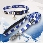 Real Madrid blue and white striped pet collar and leash set with 'TAILS FC' branding.