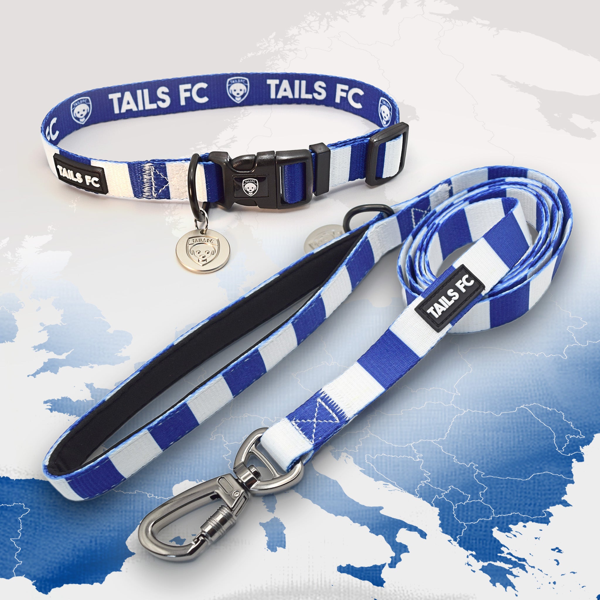 Real Madrid blue and white striped pet collar and leash set with 'TAILS FC' branding.