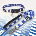 West Brom blue and white striped pet collar and leash set with 'TAILS FC' branding.