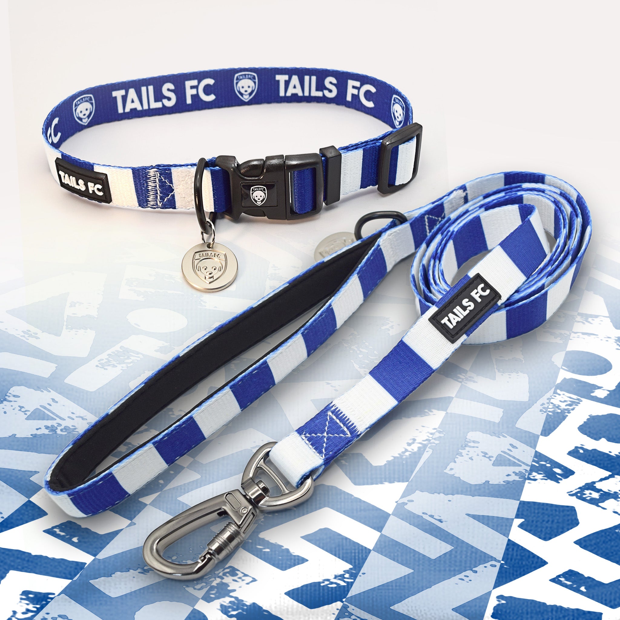 Scotland blue and white striped pet collar and leash set with 'TAILS FC' branding.