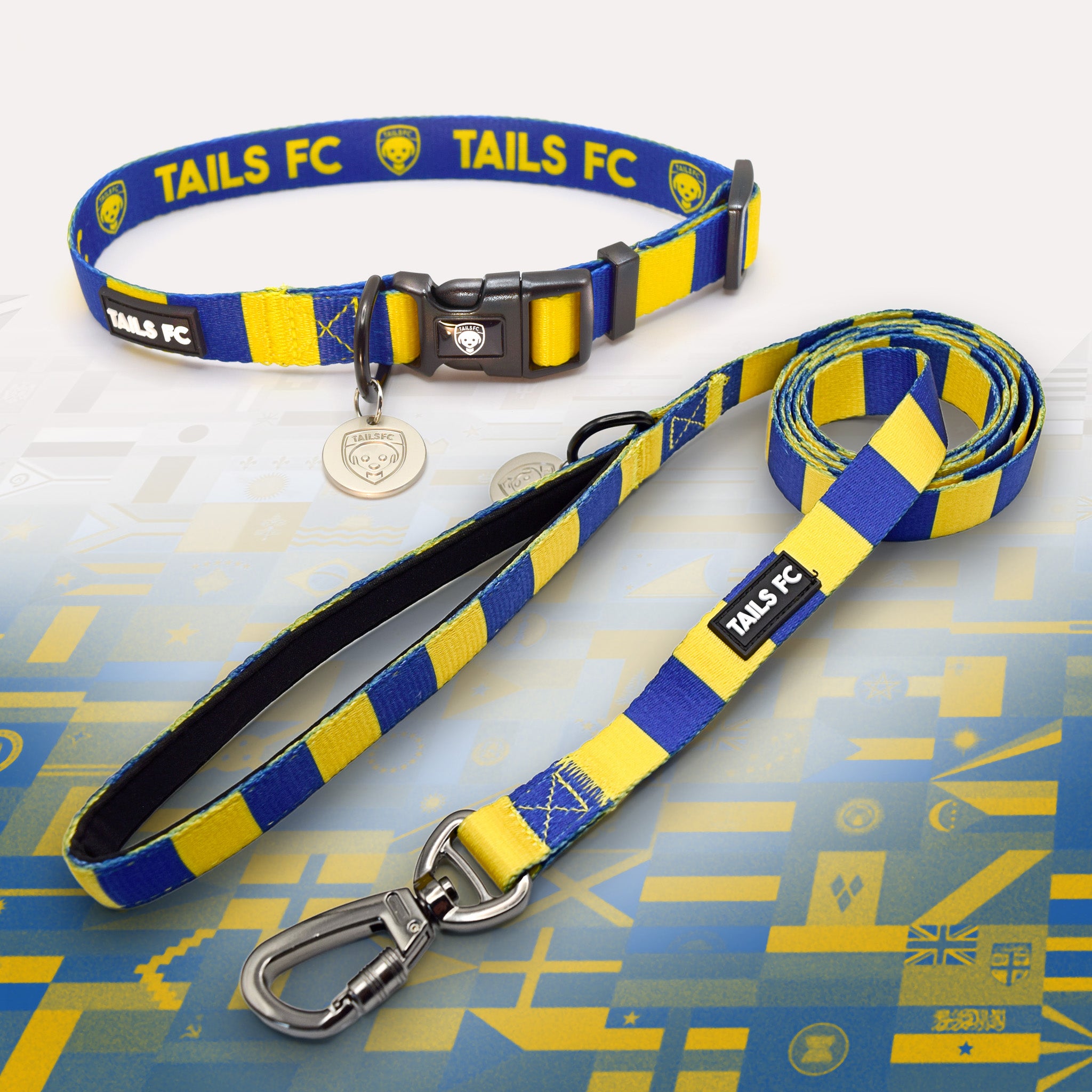 Ukraine blue and yellow striped pet collar and leash set with 'TAILS FC' branding.