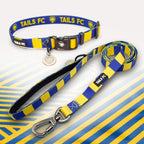 Blue and yellow striped pet collar and leash set with 'TAILS FC' branding.