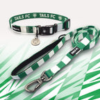 Celtic green and white striped pet collar and leash set with 'TAILS FC' branding.